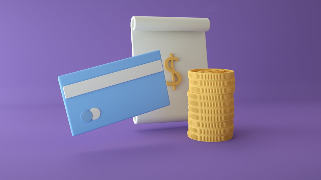 our-experience 3D illustration of a credit card, coins, and dollar sign on a purple background. Ideal for finance themes.
